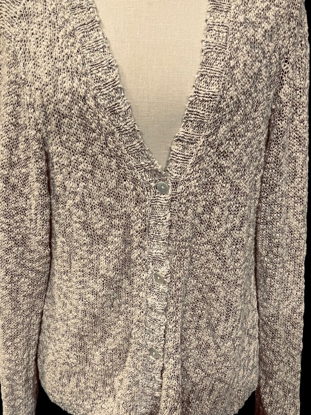 Eileen Fisher Knit Cardigan-V Neck-Women-MED-Beige/Black-Shell Buttons-1155